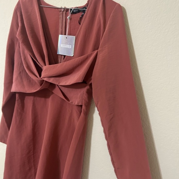 NWT Missguided Long Sleeve Cross Over  Mini Dress Pink Rust Formal Party Sz 8 - Picture 2 of 11